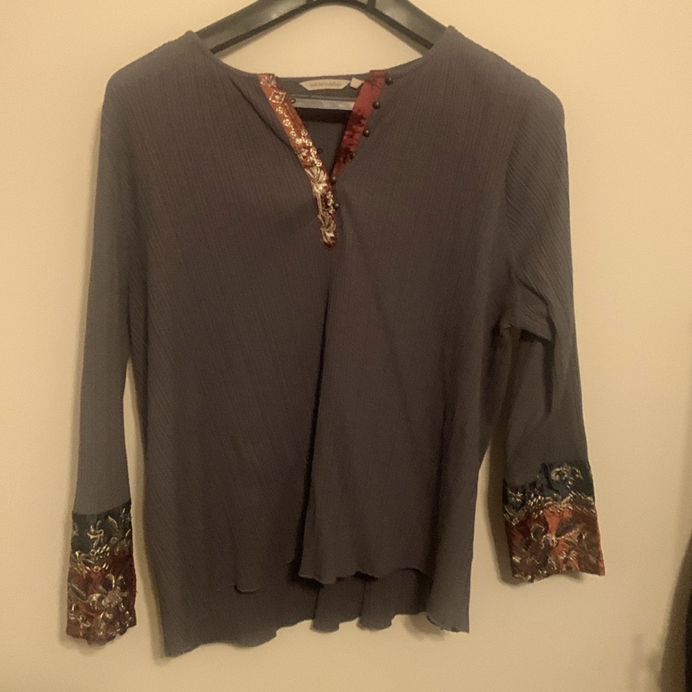Soft Surroundings slate gray Cypress henley top with tapestry details